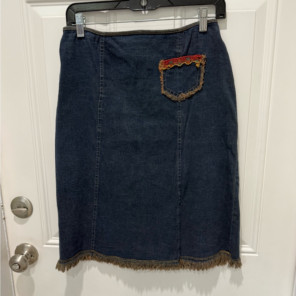 Dark Blue Denim Pencil Skirt with Frayed Trim and Accent Pocket